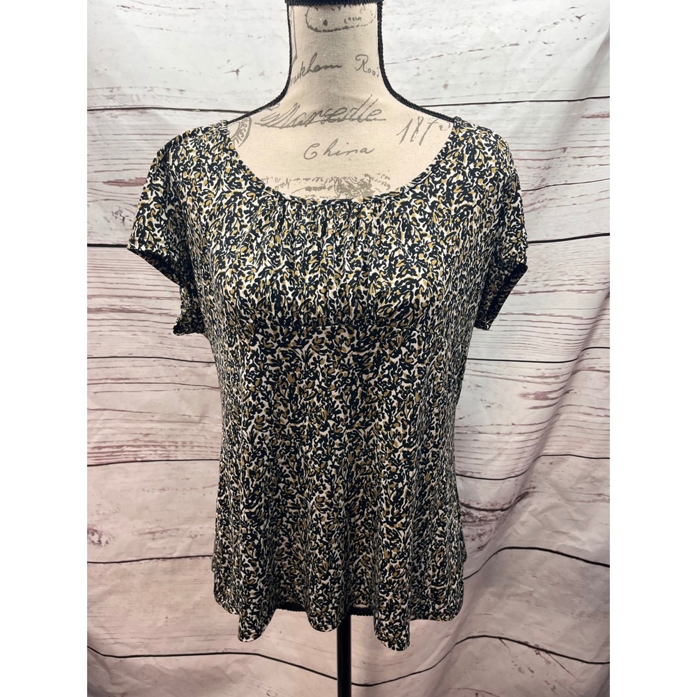 Van Heusen Womens XL Short Sleeve Abstract Floral Scoop Neck Blouse Black Tan